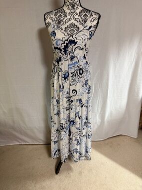 Adjustable SundressWhite Maxi Tiered Dress with Blue Floral Print Flowy Breezy